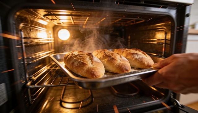 Removing steaming rustic baguettes from oven on metal baking tray