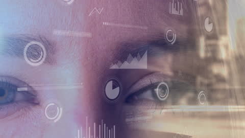 Digital Interface Overlay on Focused Woman's Eyes