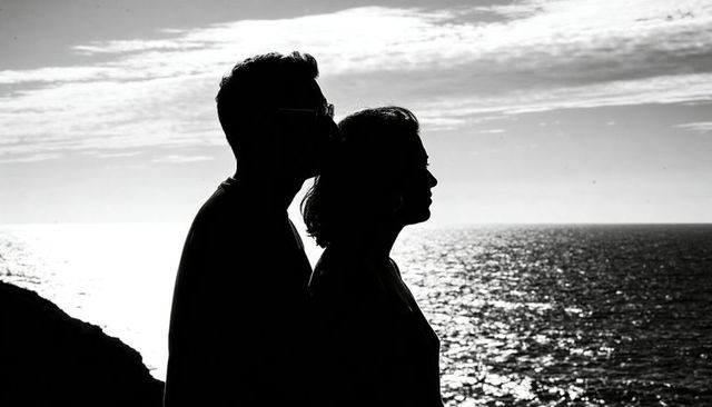 Couple standing on rocky headland kissing forehead, backlit ocean silhouette monochrome