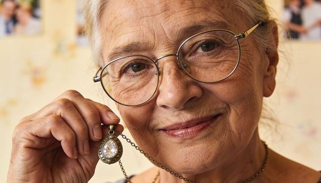 Smiling senior woman holding ornate vintage locket near face wearing gold-rimmed glasses