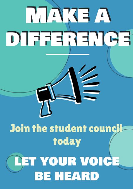 Poster for student council recruitment featuring bold text 'MAKE A DIFFERENCE' and 'LET YOUR VOICE BE HEARD' with a megaphone illustration. Ideal for schools, colleges, or universities aiming to encourage students to participate and join the student council. Can be used in classrooms, hallways, and bulletin boards to motivate student leadership and activism.