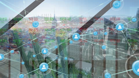 Digital Network of Financial Data Over Urban Port Cityscape