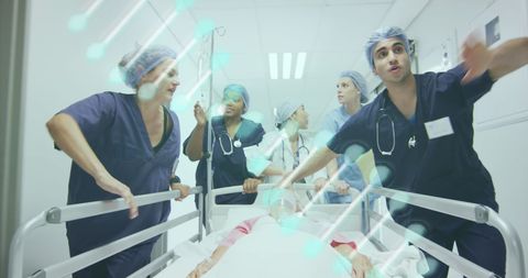 Medical team rushing patient upstairs with digital dna overlay