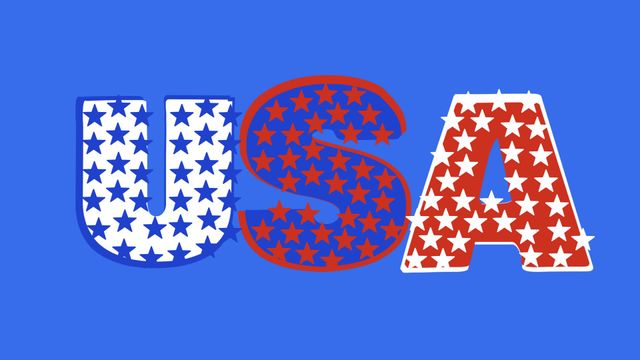 Text 'USA' designed with patriotic stars in red, white, and blue colors on a bright blue background. Ideal for use in American-themed celebrations, Independence Day events, patriotic posters, digital interfaces, and graphic designs.