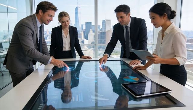 Collaborating around interactive touch table in highrise boardroom with city skyline view