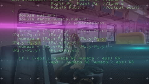 Digital Data Streams Overlaying Train Interior with Woman