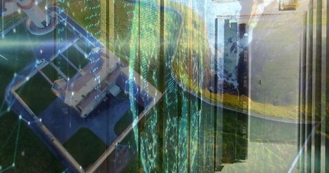 Dual-exposure of modern architecture and futuristic digital overlay