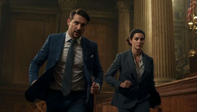 Lawyers rushing through historic courtroom during urgent trial - tense litigation scene