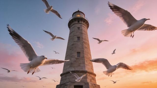 Seaside lighthouse glowing at golden sunset with seagulls flying around stone tower
