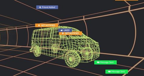 Futuristic 3d van with digital notifications in virtual tunnel