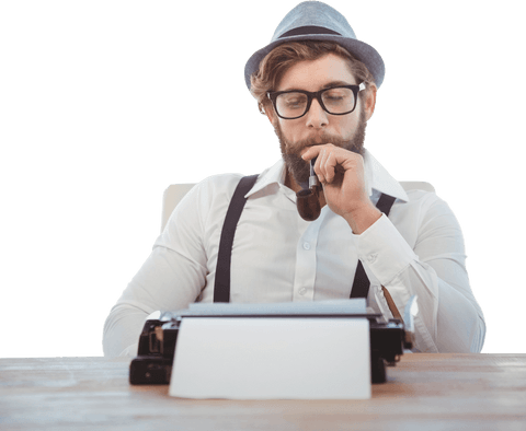hipster writer with pipe at typewriter transparent background - Download Free Stock Videos Pikwizard.com