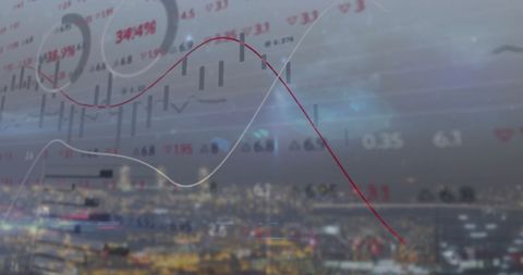 Global Stock Market Analysis Overlaid on Cityscape at Night