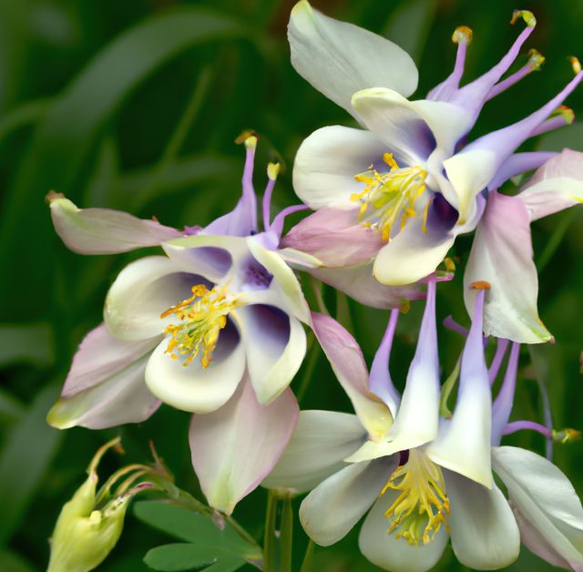 Detailed close-up of pink and white Columbine flowers showcasing their delicate petals and vibrant colors against a green background. Perfect for use in floral designs, gardening magazines, natural beauty projects, and spring-themed designs.