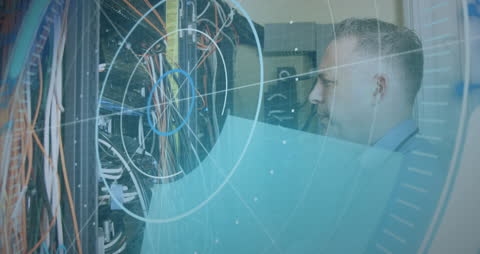 Businessman Analyzing Advanced Digital Interface in Server Room