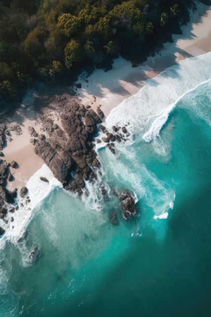 Aerial view of a tropical beach with turquoise waters meeting a rocky shoreline, framed by lush green trees. Perfect for use in travel brochures, tourism promotions, vacation ads, and nature conservation campaigns.