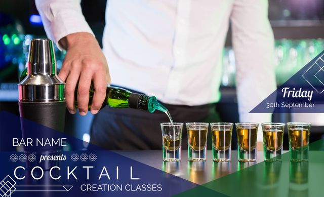 Image capturing bartender's hand as he pours liquor into shot glasses during a mixology class at a bar. Ideal for advertising bar events, cocktail creation classes, bartending courses, or nightlife activities. Suitable for blogs, social media posts, and promotional materials related to events, bars, and hospitality.