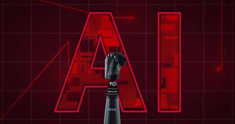 Displaying robotic prosthetic fist on wrist adapter with ai neon circuit backdrop