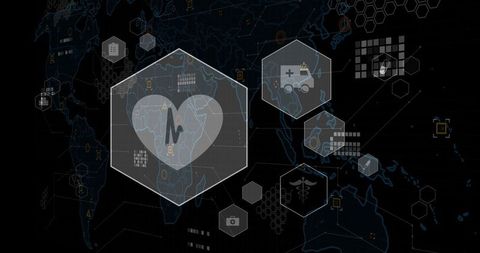 Global health network dashboard visualizing heartbeat data and medical nodes on world map