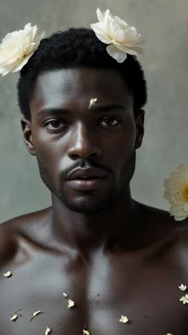 Shirtless man wearing flower crown and petals drifting while gazing in contemplative vertical video