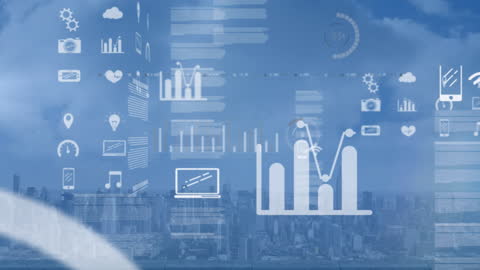 Abstract Digital Interface Displaying Data with City Skyline