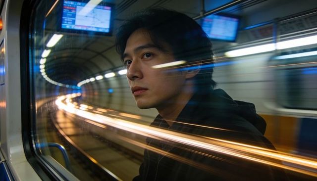 Contemplative commuter gazing through subway window with light trails, transit portrait