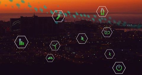 Digital Technology Overlaying Dusk Skyline with Energy Data