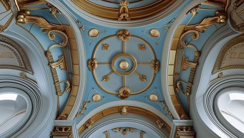 Opulent baroque palace ceiling with blue medallion and gold ornamentation