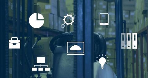 Forklift Operator Station in Warehouse Aisle with Digital Logistics Automation Icons
