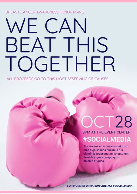 Powerful representation of unity and strength for a breast cancer awareness fundraising event. Ideal for promoting charity events, community support campaigns, and awareness drives on social media and print media. Emphasizes collective effort and women's empowerment with symbolic pink gloves. Effective for health organizations, non-profits, and event organizers looking to spread the word and rally support for breast cancer causes.