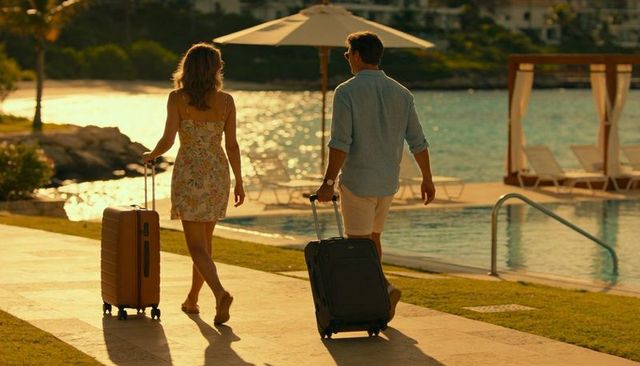 Couple walking with luggage along seaside resort pool at golden hour sunlit oceanfront