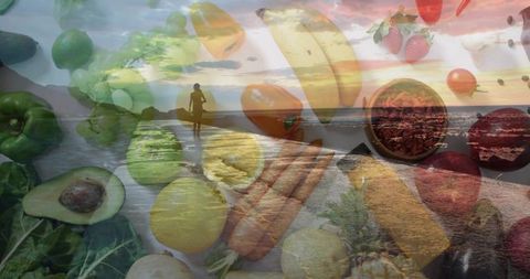 Walking Silhouette on Sunset Beach Overlaid with Fresh Fruit Collage and Coastal Horizon