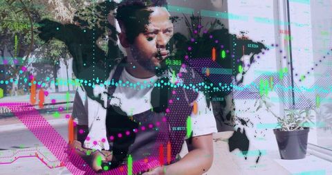 Man analyzing financial data on phone at cafe window with holographic data visualization