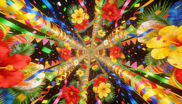Kaleidoscopic tropical party vortex with hibiscus, ribbons and confetti