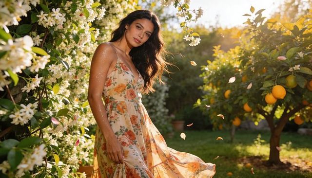 Sunlit garden portrait of woman in flowing floral maxi dress among jasmine and orange trees