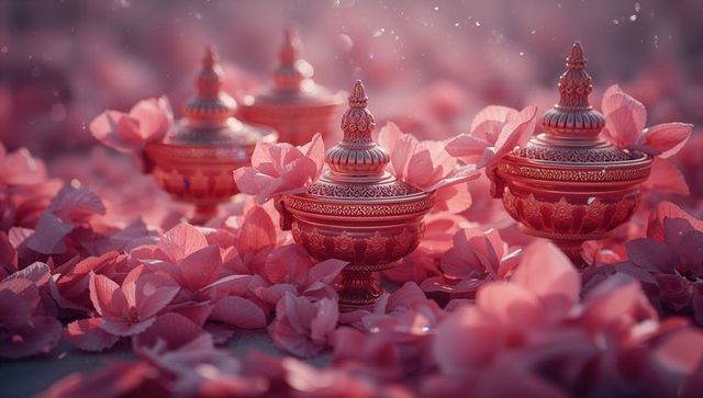 Ornate red lidded bowls amidst pink petals on soft background