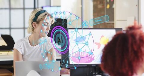 Creative professional collaborating with ai hologram in bright open-plan coworking office
