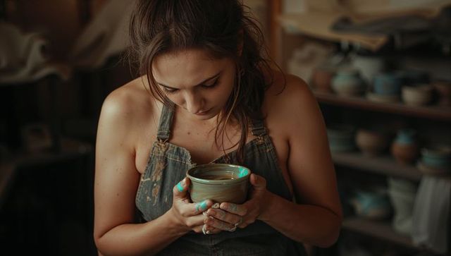 Young potter cradling glazed bowl, denim apron and clay-stained hands in studio