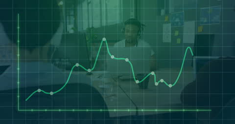 Diverse Team Analyzing Data Trends with Digital Overlay