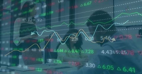 Corporate team reviewing market analytics with financial charts overlay in boardroom meeting