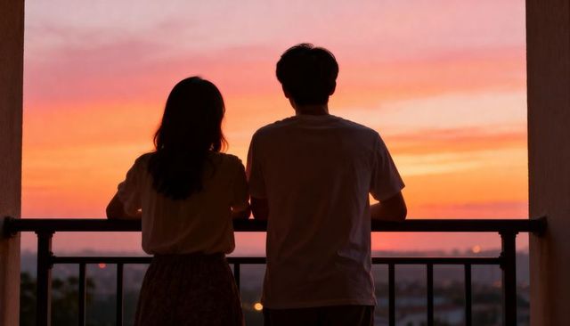 Silhouetted couple watching vibrant city sunset from balcony at romantic dusk moment