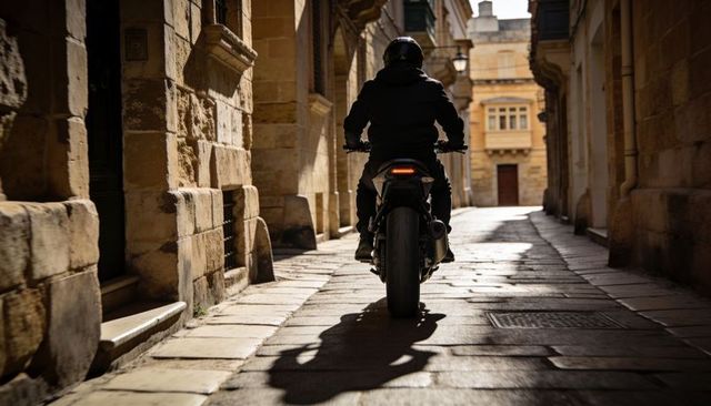 Motorcyclist riding through sunlit historic stone alleyway, urban cobblestone silhouette