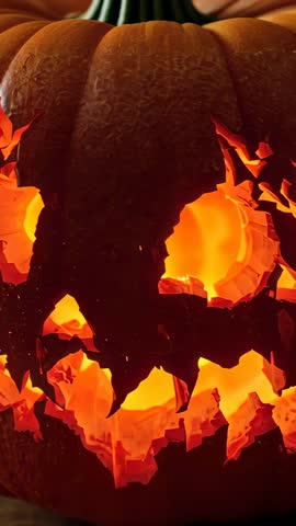 Vertical video pulsing inner light in carved jack-o-lantern casting eerie shadows on tabletop