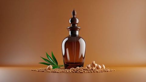 Elegant amber glass sandalwood aromatherapy bottle highlights elegance and nature
