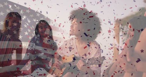 Beach group playing guitar with american flag overlay and red white blue confetti