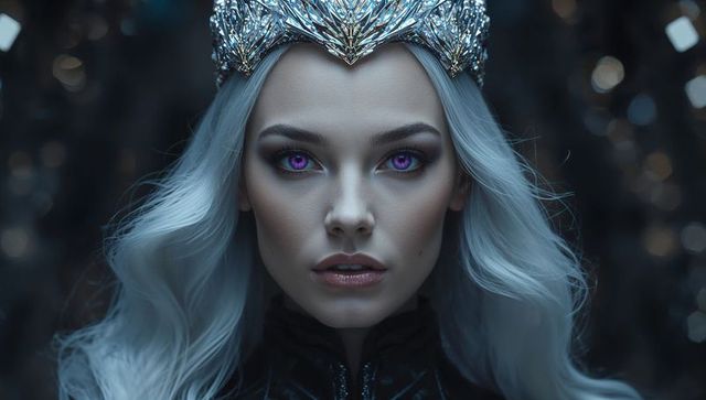Mysterious queen in ornate crown and armor, exuding regal elegance