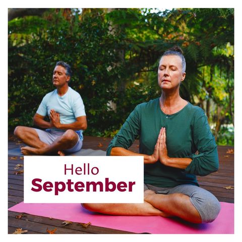 senior couple meditating outdoors with hello september text - Download Free Stock Templates Pikwizard.com