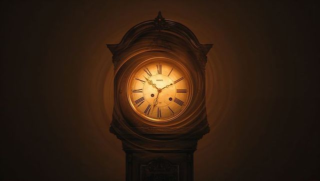 Glowing antique grandfather clock radiating warm light, ornate carved wood, Roman numerals