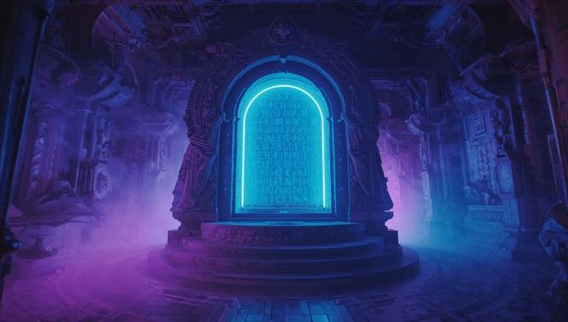 Glowing mystical arched portal in ancient temple with ethereal purple fog