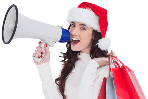 Excited Woman with Santa Hat, Gift Bags, Megaphone, Transparent Background - Download Free Stock Videos Pikwizard.com