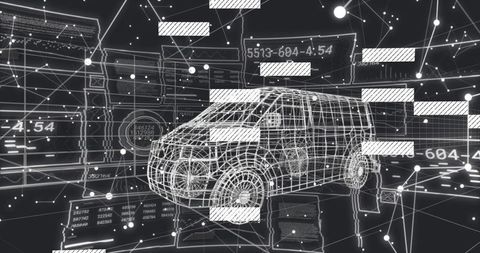 Digital twin wireframe SUV rotating with holographic data panels and network telemetry HUD